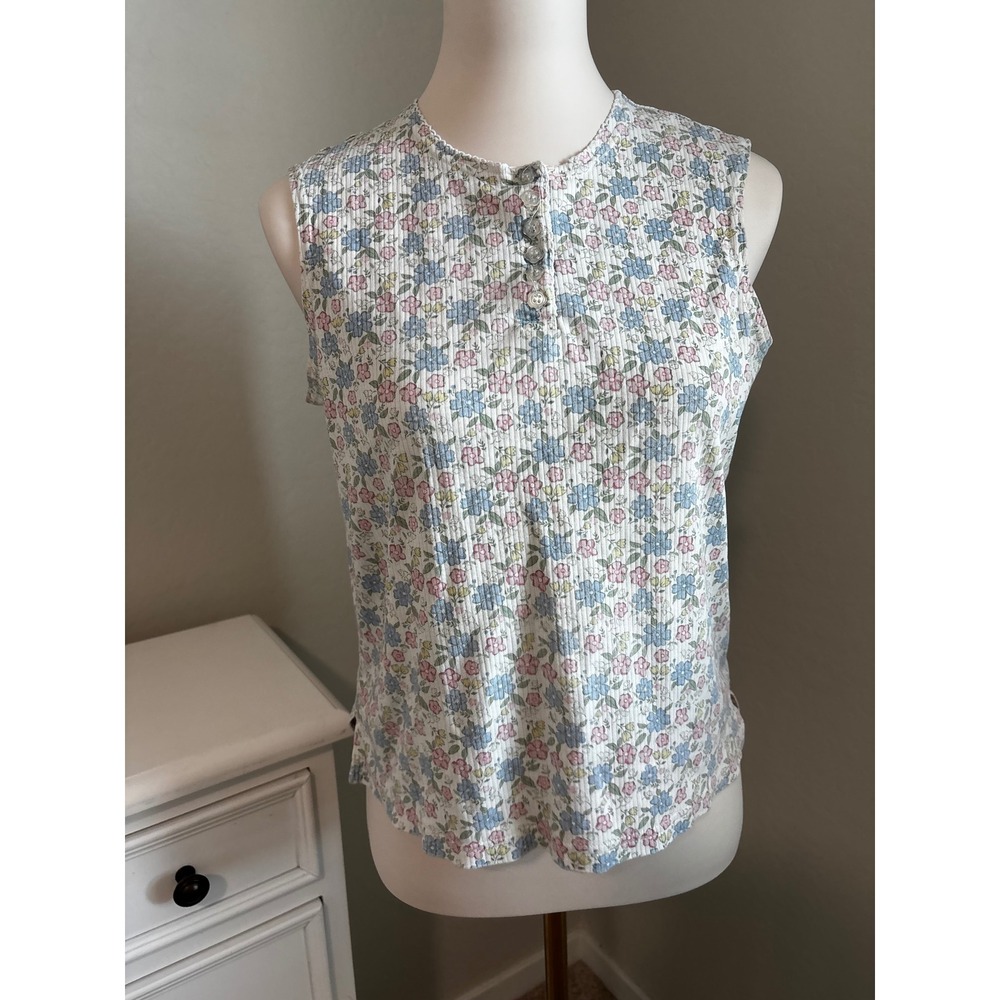 Kenneth Casuals Petite Floral Ribbed Sleeveless Henley Top Pastel Blue Pink L